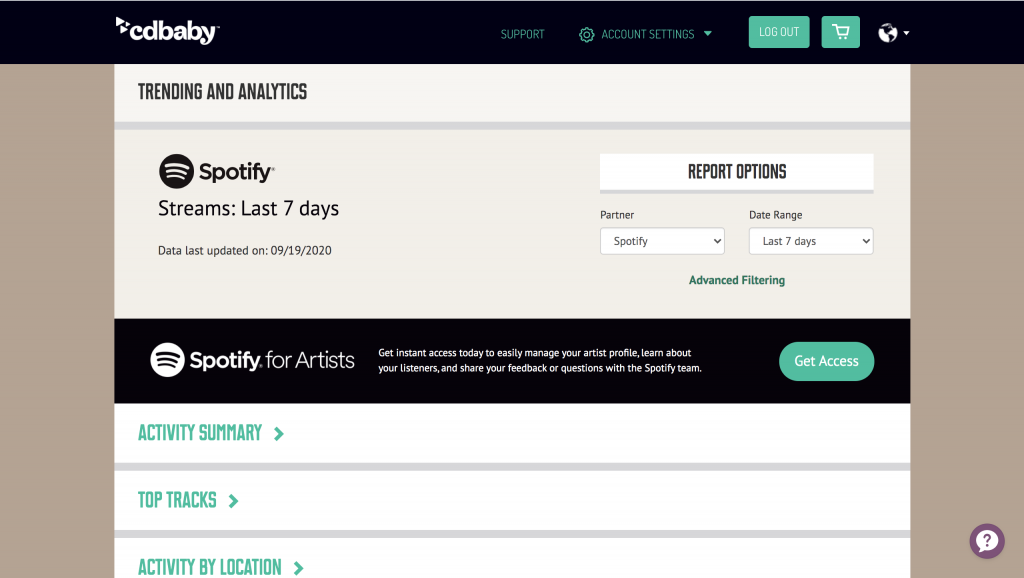 Screenshot of CD Baby interface tab "Trending and Analytics" for Spotify