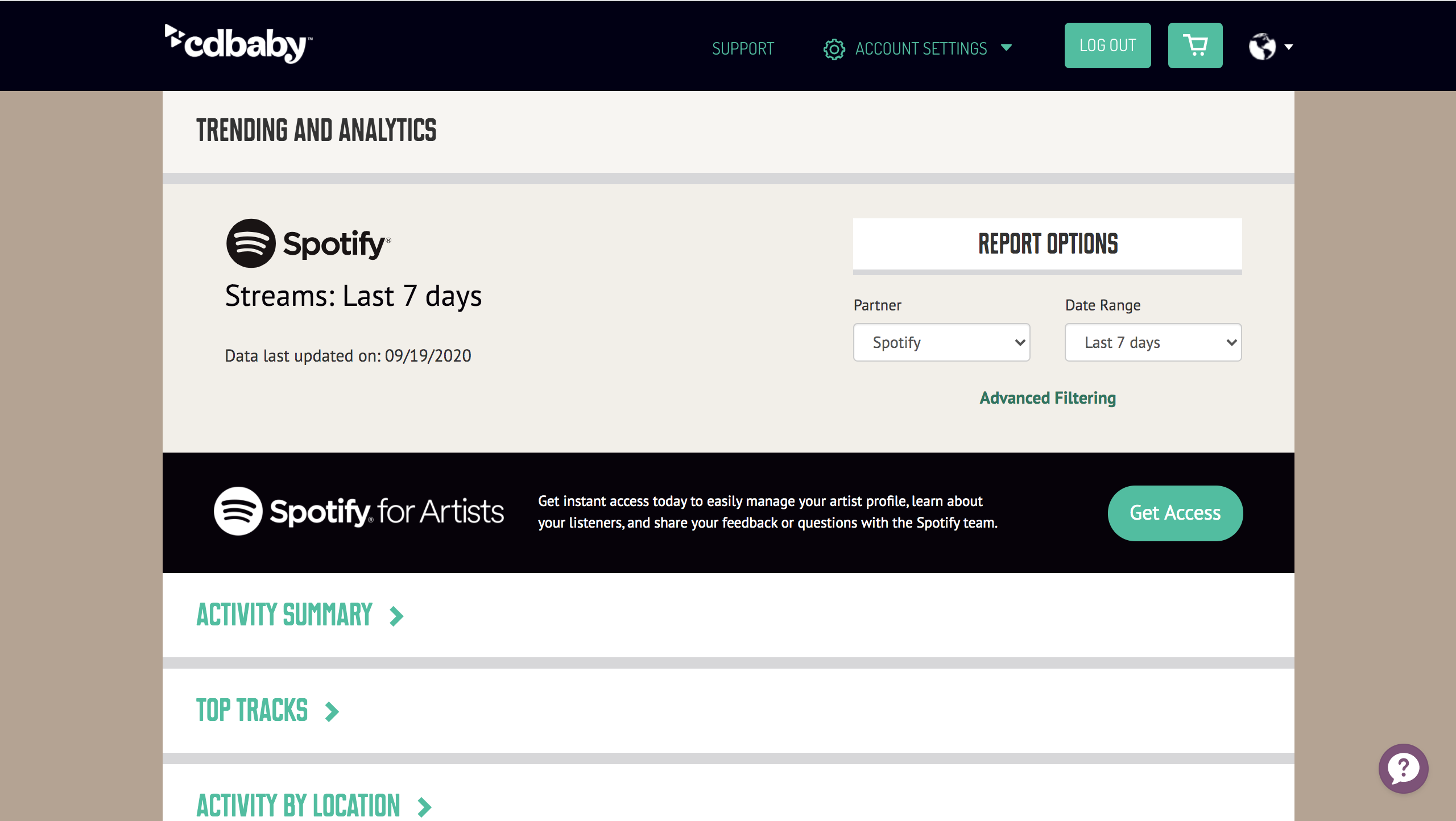 Screenshot of CD Baby interface tab &quot;Trending and Analytics&quot; for Spotify