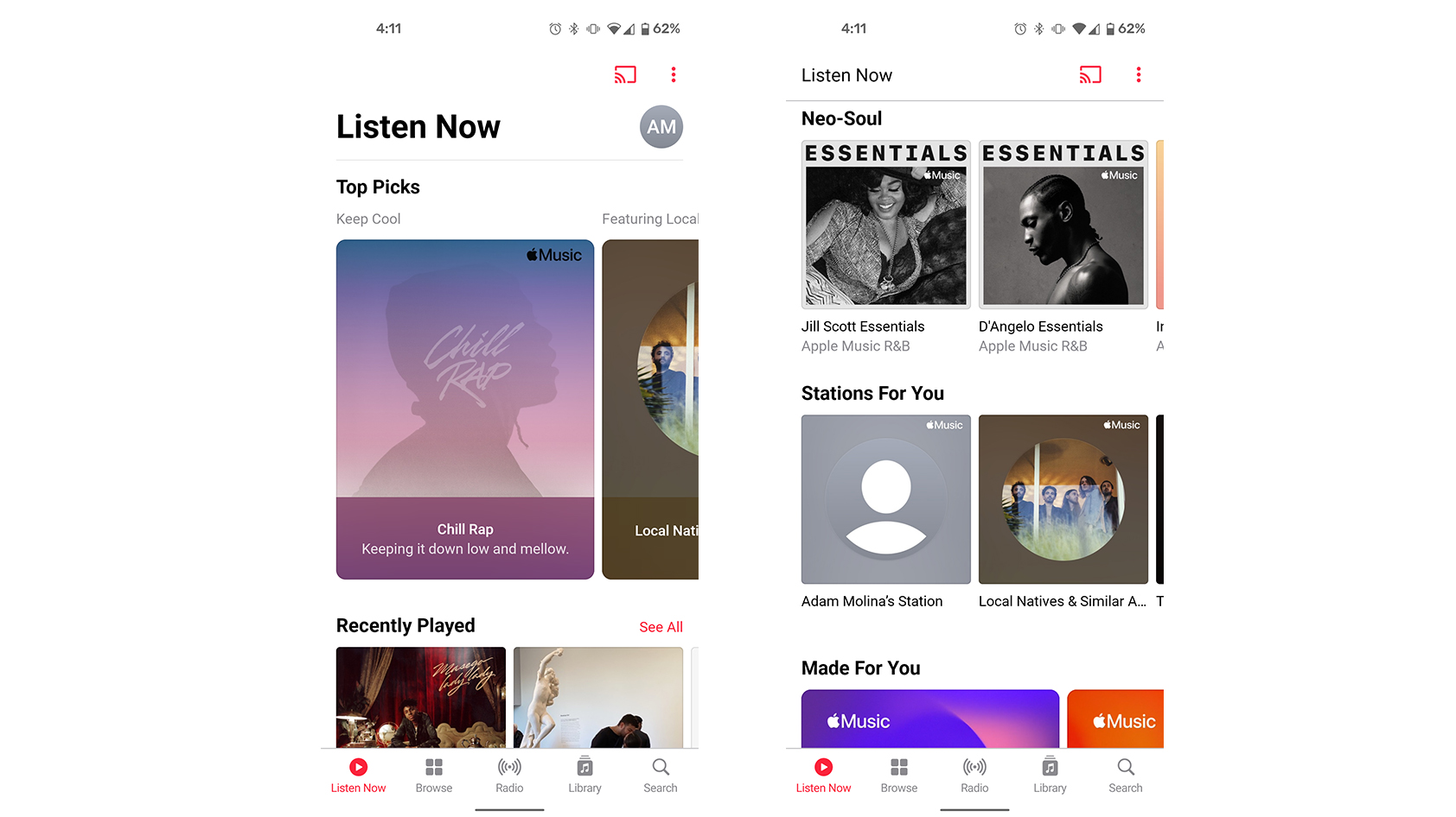 Apple Music Listen Now The Listen Now page on Apple Music running on Android