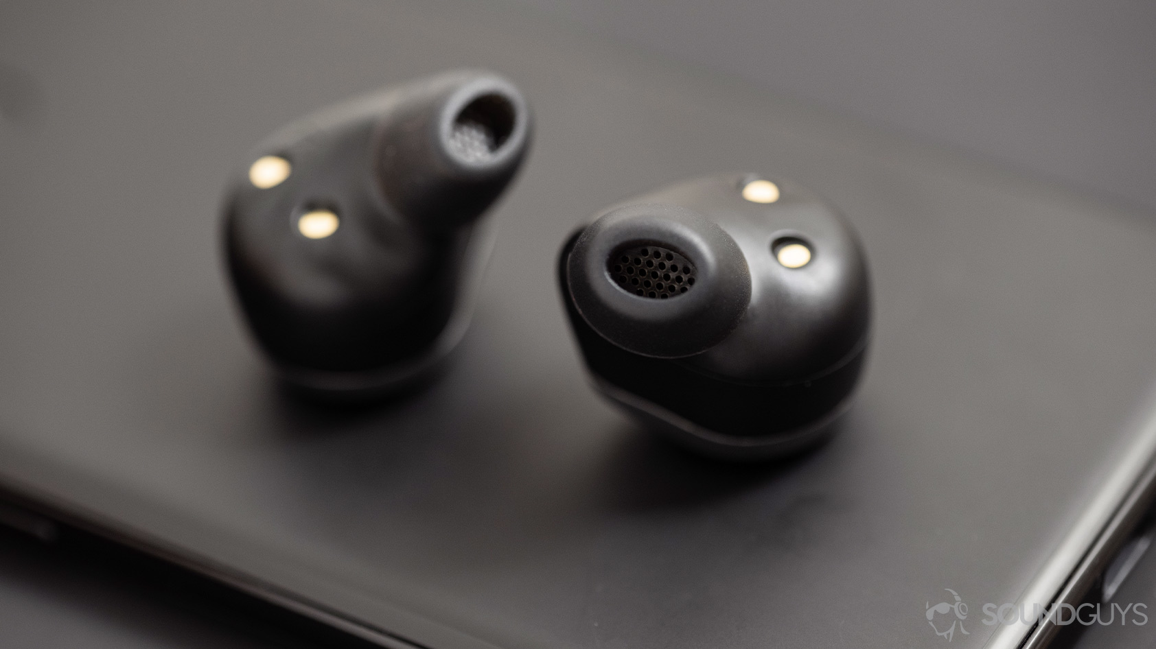 The Jabra Elite 85t noise canceling true wireless earbuds' oblong ear tips and nozzles.