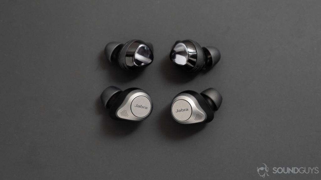 The Jabra Elite 85t noise cancelling true wireless earbuds compared to the Samsung Galaxy Buds Plus, which are smaller than Jabra's buds.