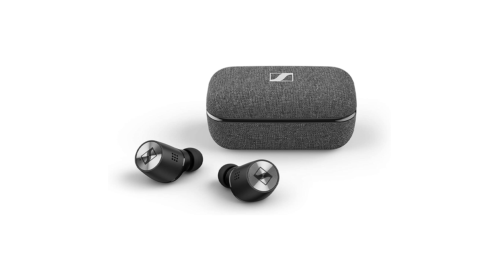 The Sennheiser MOMENTUM True Wireless 2 noise canceling earphones outside of the gray charging case, against a white background.