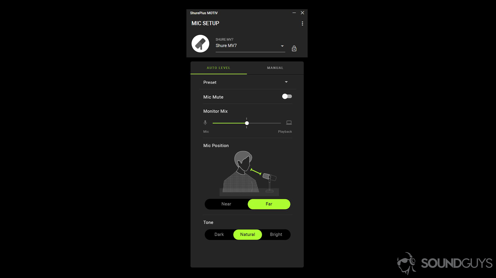 The Shure PlayPlus MOTIV app display in auto level mode depicts a software mute button, monitor mix slider, mic position toggle, and tone setting toggle.