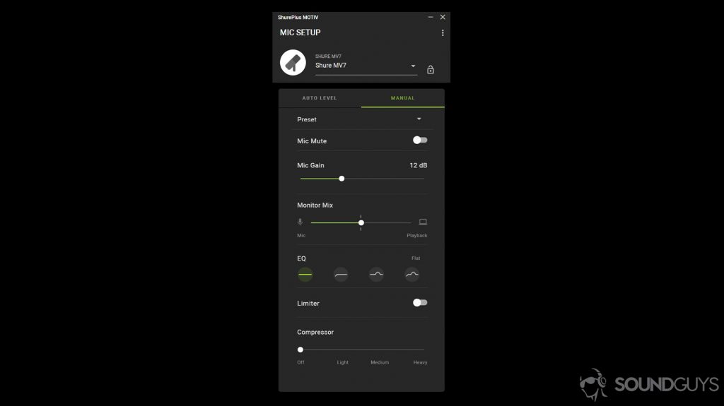 The Shure PlayPlus MOTIV app display in manual mode depicts a mic mute software toggle, mic gain slider, EQ icons, a limiter toggle, and compressor settings.