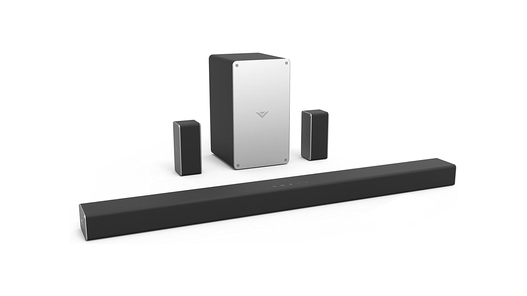 The Vizio SB3651-F6 home theater sound bar system on a white backdrop.