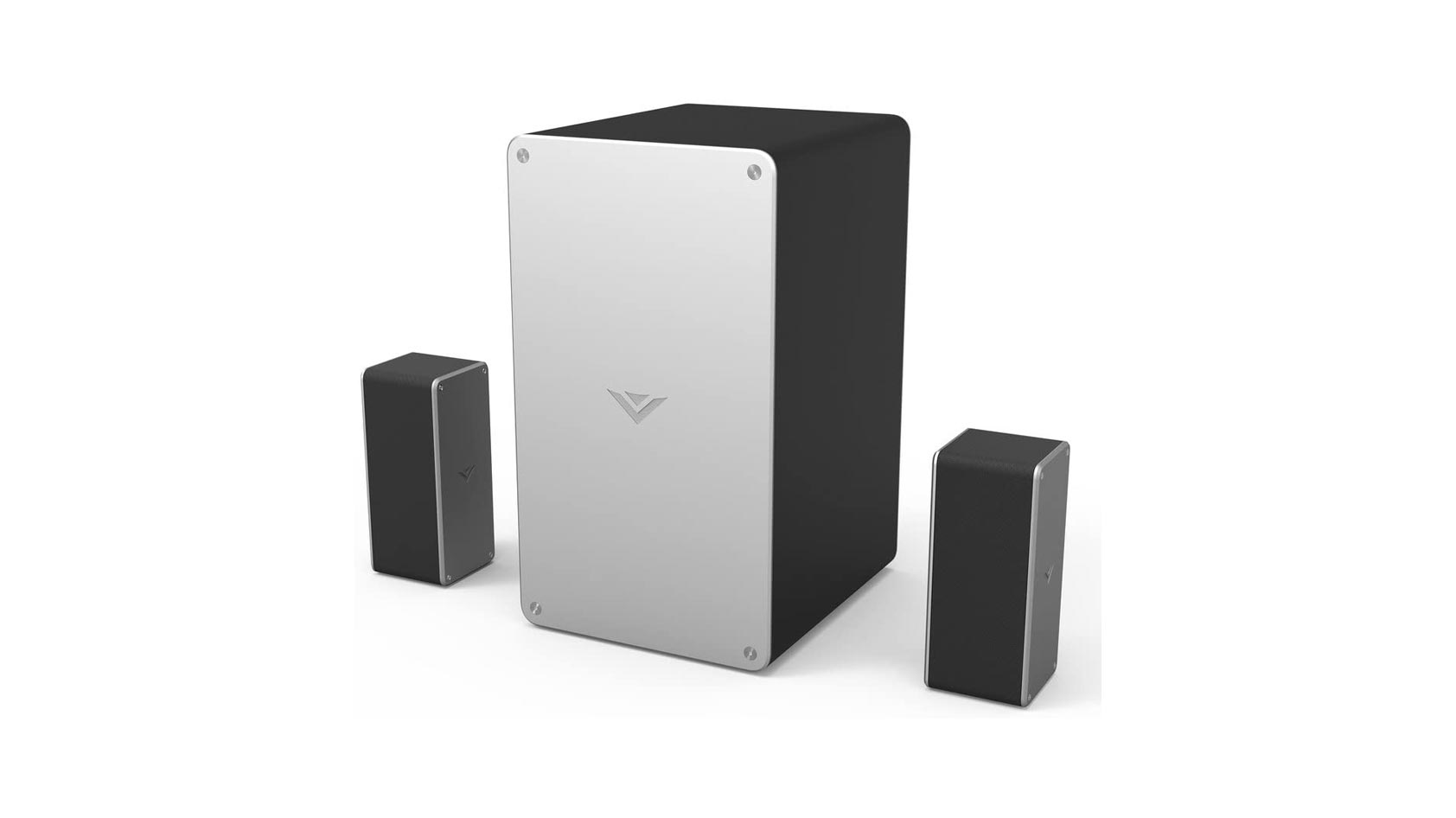 The subwoofer and speakers of the Vizio SB3651-F6 home theater sound bar system on a white backdrop.