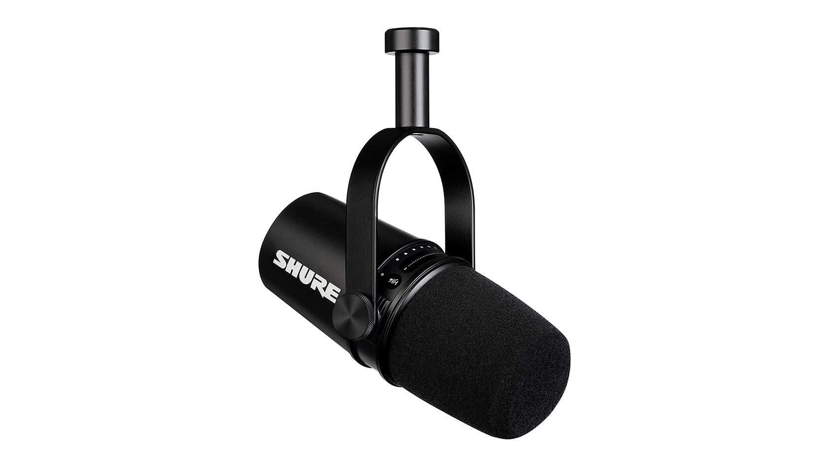 The Shure MV7 in black against a white background.