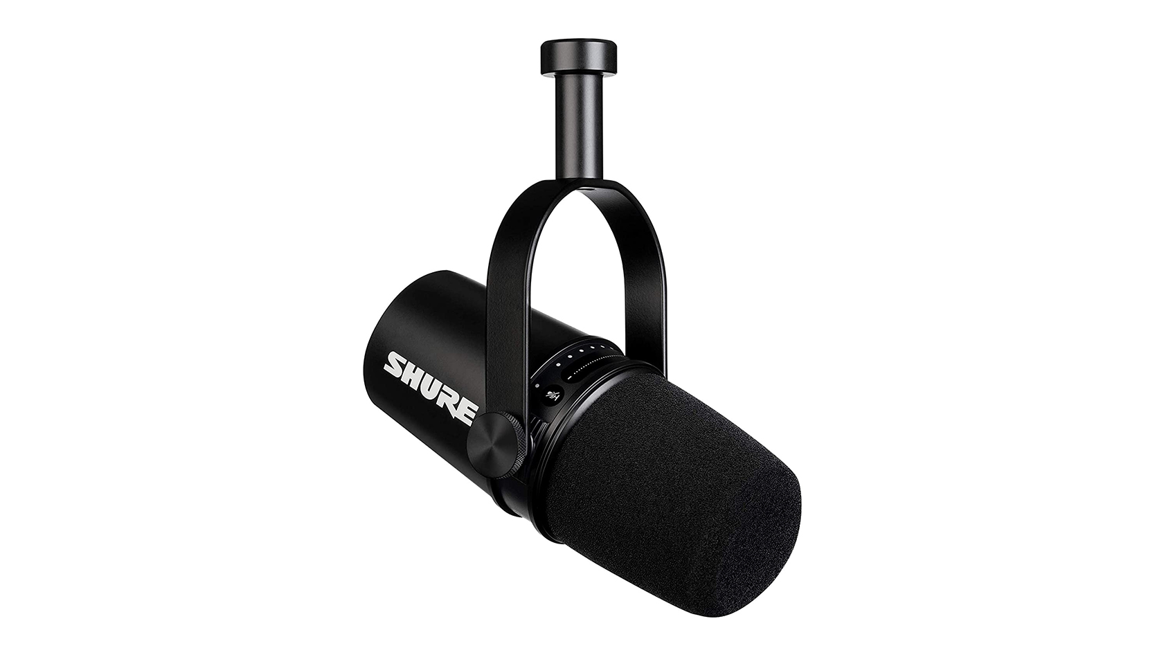 shure mv7 product image The Shure MV7 in black against a white background.