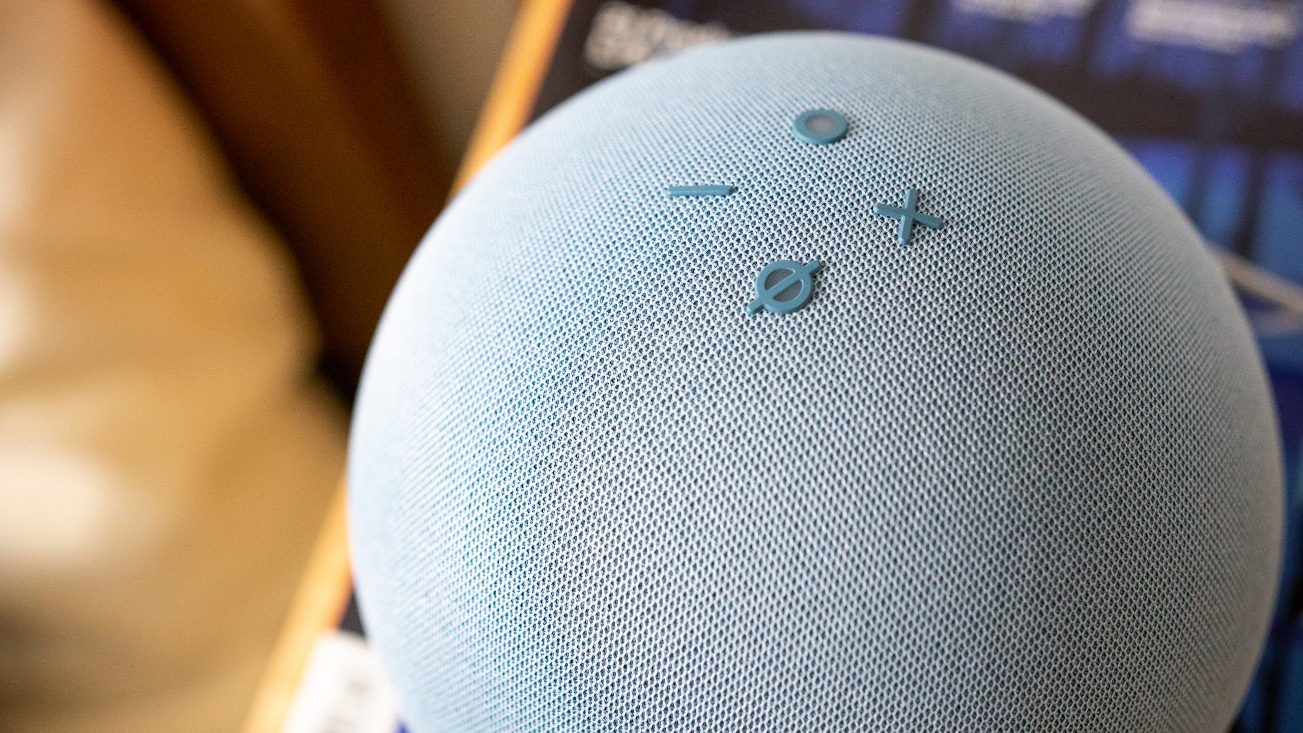 Close-up of the light blue Amazon Echo 4th gen fabric.