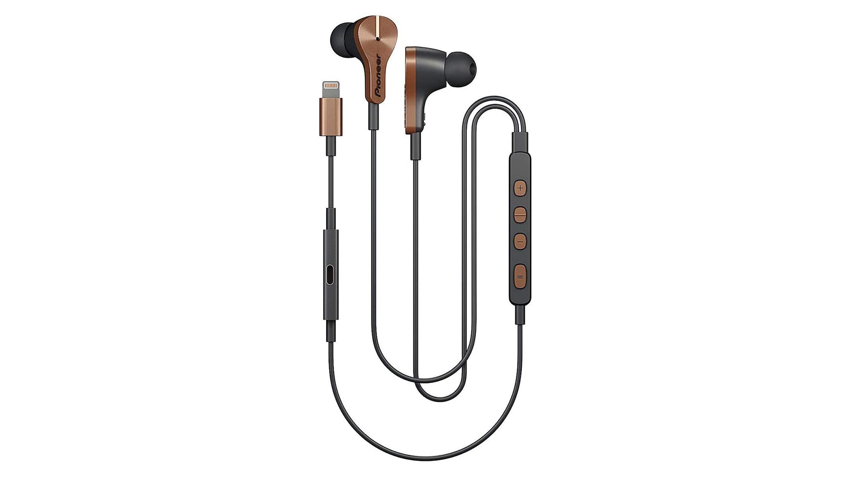 The Pioneer Rayz Plus Lightning earbuds in copper against a white background.