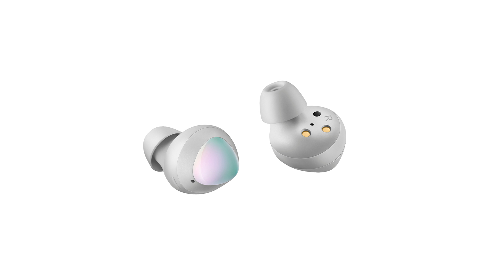 The Samsung Galaxy Buds in pearl white against a white background.