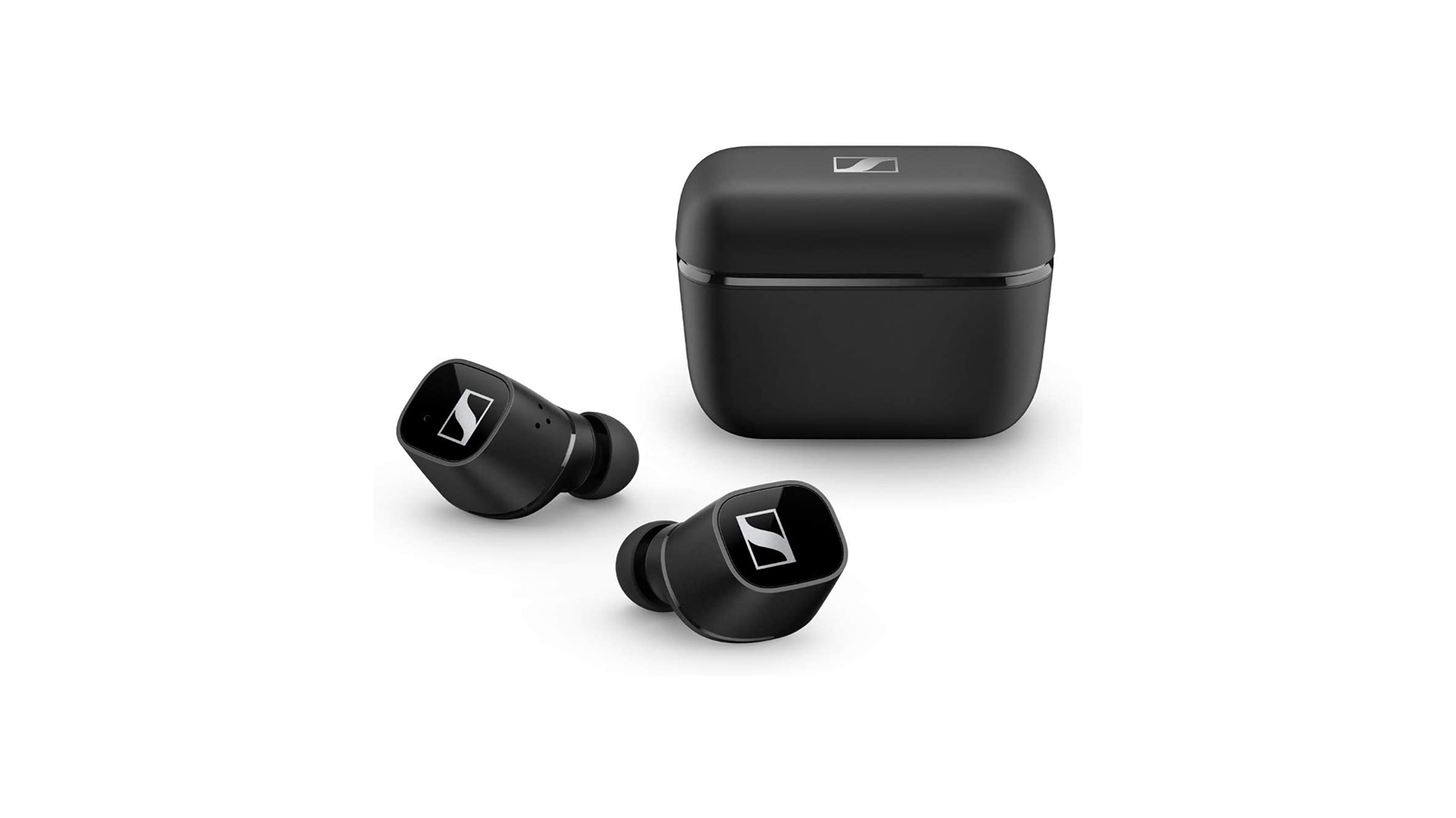 Sennheiser CX 400BT True Wireless product The Sennheiser CX 400BT True Wireless earbuds and charging case in black against a white background.