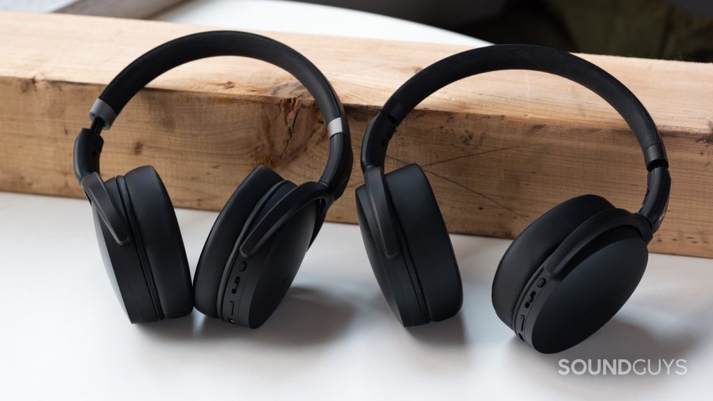 The Sennheiser HD 350BT next to the Sennheiser HD 450BT Bluetooth headphones to depict the slight difference in headband tension.