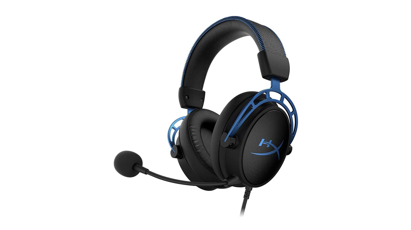 The HyperX Cloud Alpha S gaming headset in black and blue against a white background.