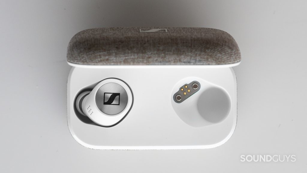 A photo of the Sennheiser Momentum True Wireless 2.0 sitting on a white table inside their case.