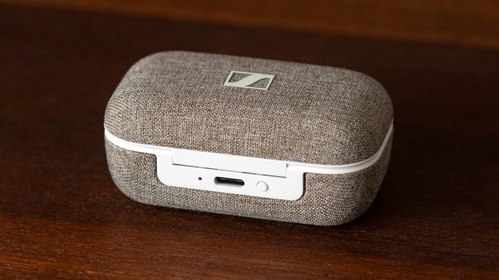 The Sennheiser MOMENTUM True Wireless 2 charging case and its USB-C input.