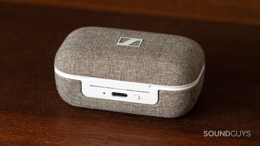 The Sennheiser MOMENTUM True Wireless 2 charging case and its USB-C input.