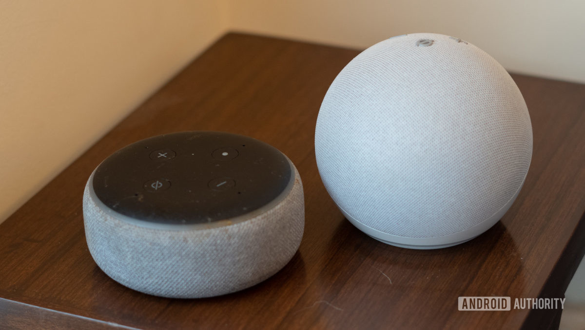 The Amazon Echo Dot (3rd Gen) next to the Amazon Echo Dot (4th Gen) for a size comparison.