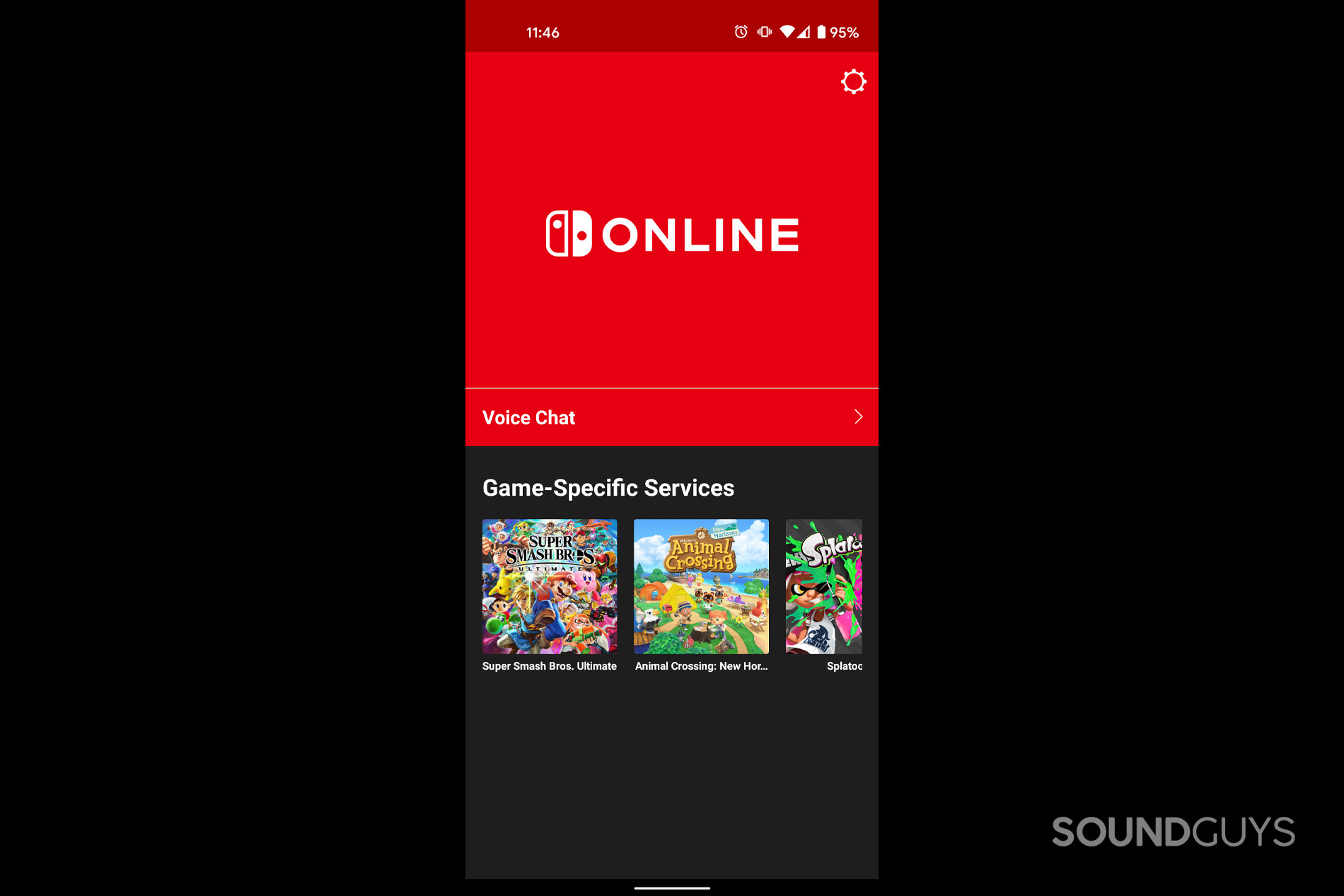 A screenshot of the Nintendo Switch Online app, with options displayed for Super Smash Bros. Ultimate, Animal Crossing New Horizons, and Splatoon 2.