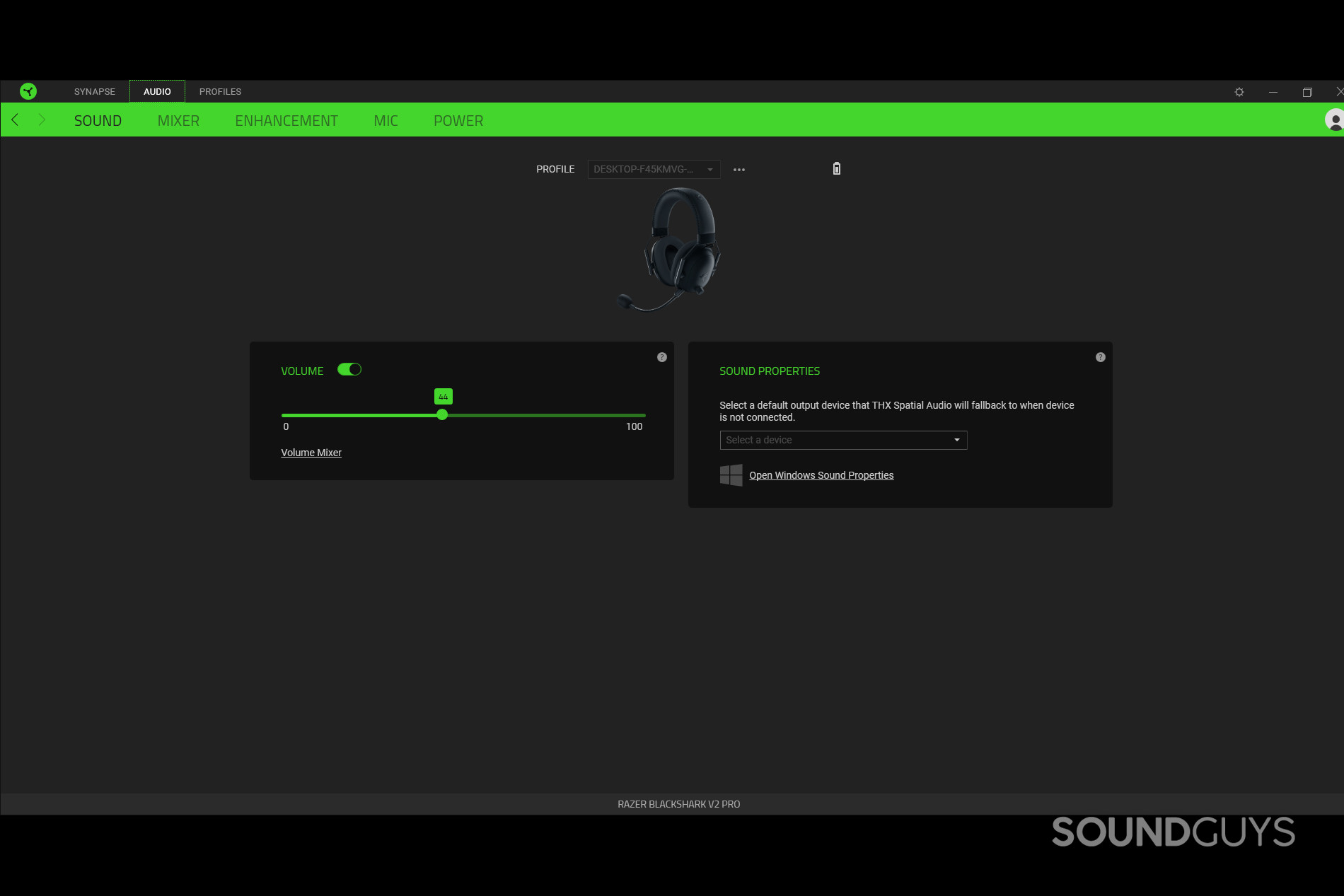 A screenshot from the Razer Synapse software connected to the Razer BlackShark V2 Pro
