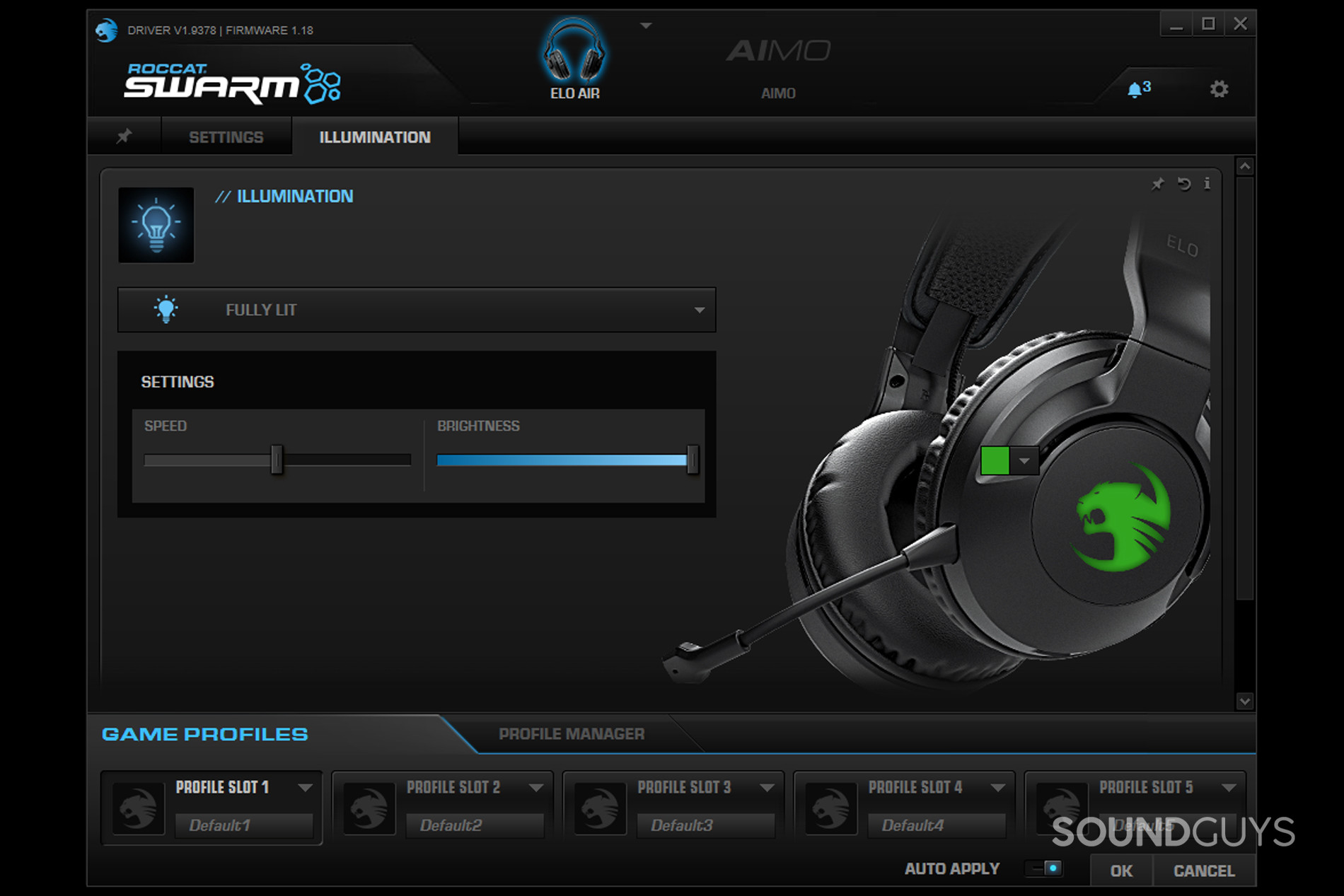 A screenshot of the Roccat Swarm app which is connected to the Roccat Elo 7.1 Air gaming headset