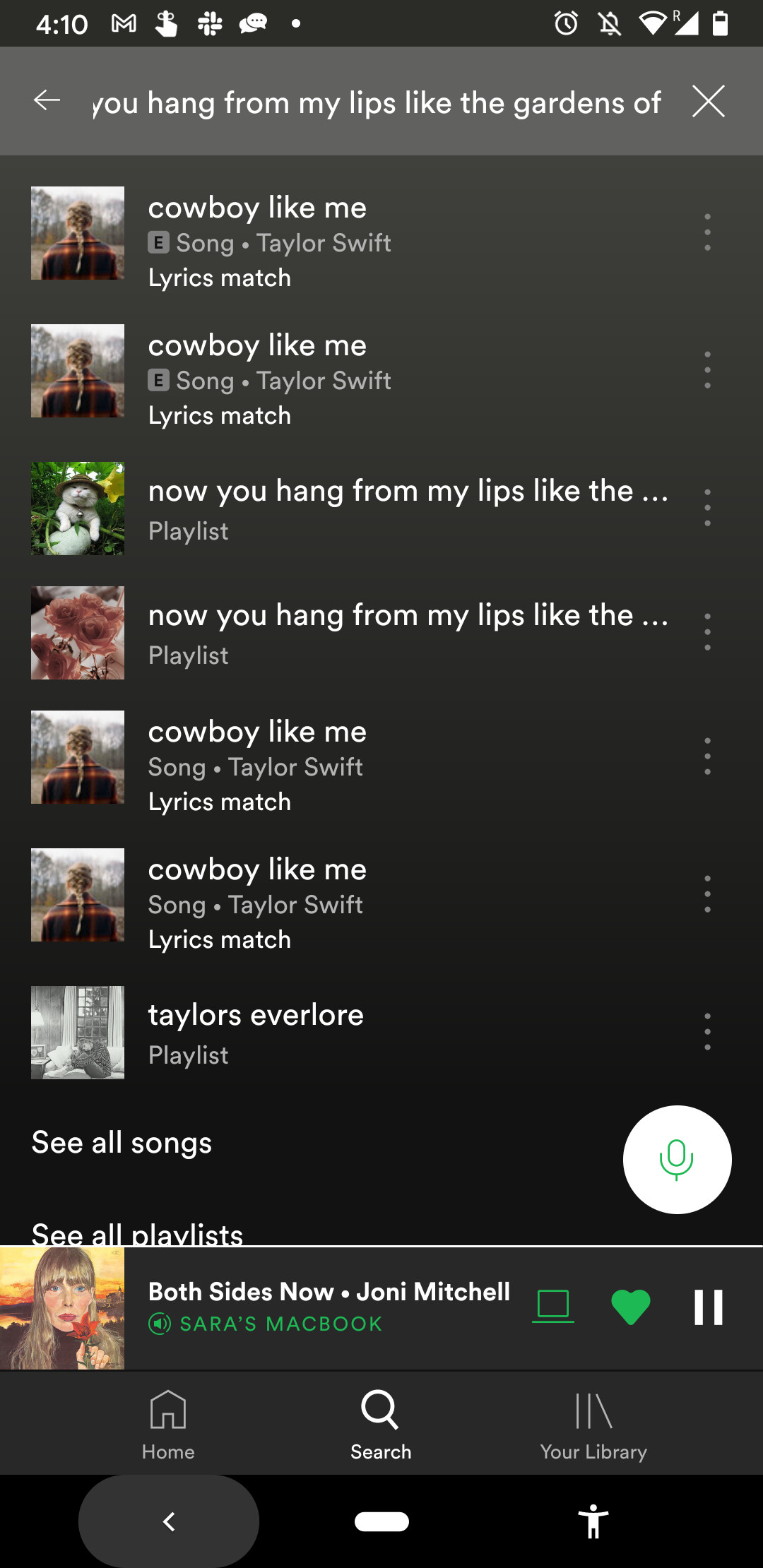 Screenshot of Spotify's search by lyrics feature on a Google Pixel 3a.