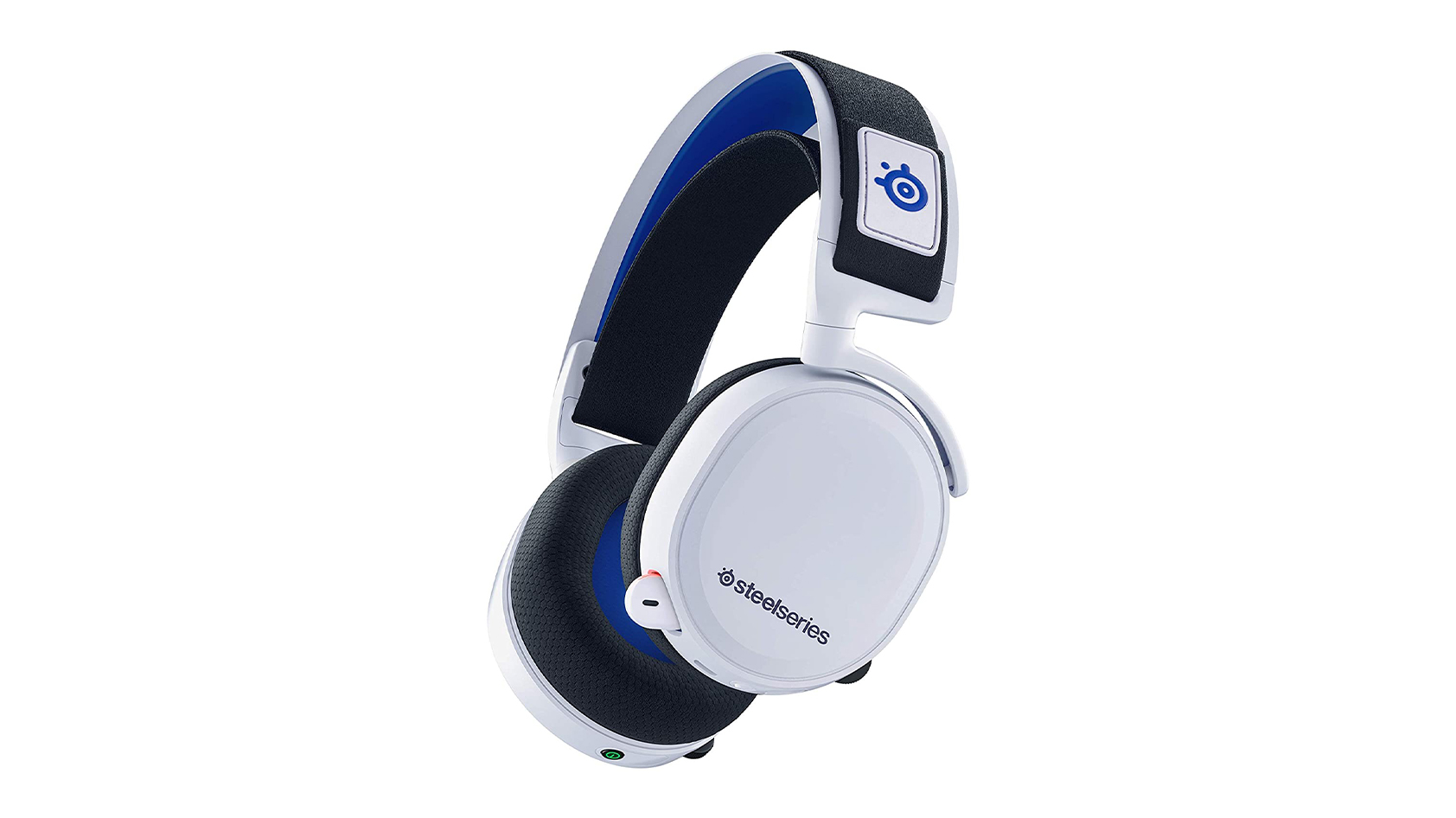 The SteelSeries Arctis 7P in white with blue accents against a white background.