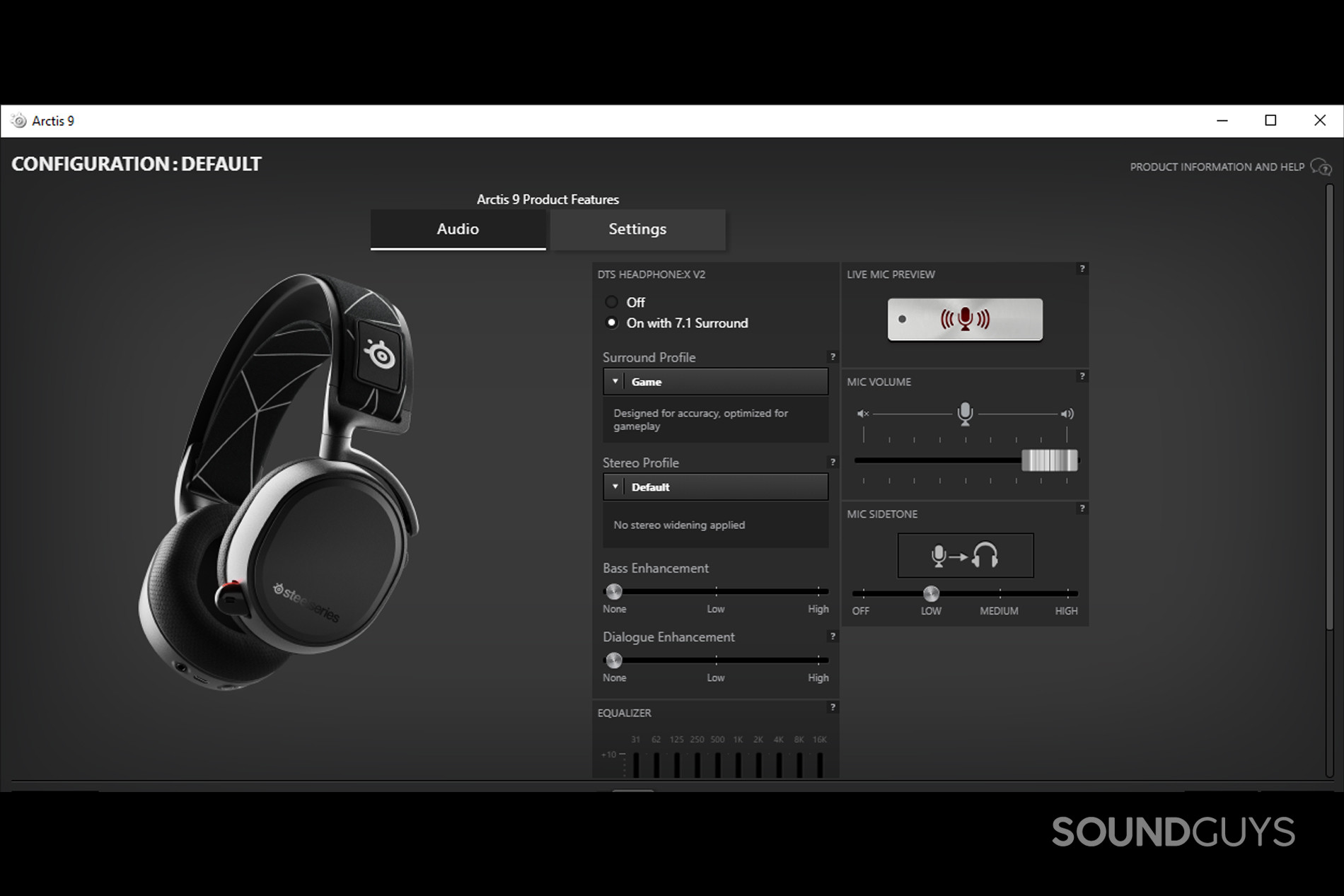 A screenshot of SteelSeries Engine's menu for the SteelSeries Arctis 9 gaming headset