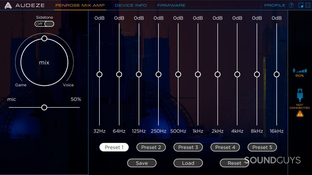 A screenshot of the Audeze HQ app with the Audeze Penrose profile shown.