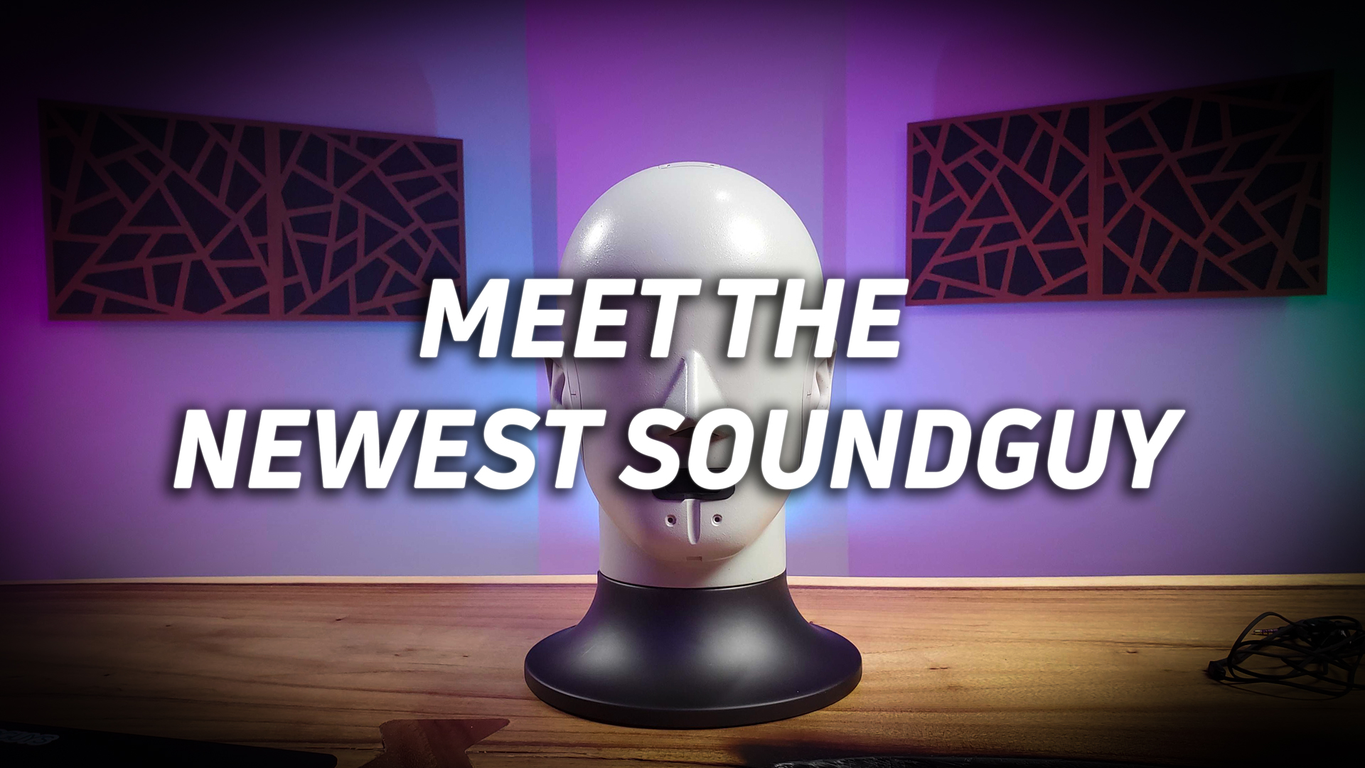 A photo of the Bruel & Kjaer 5128 on a table, with the text "meet the newest soundguy" overlaid onto the image.