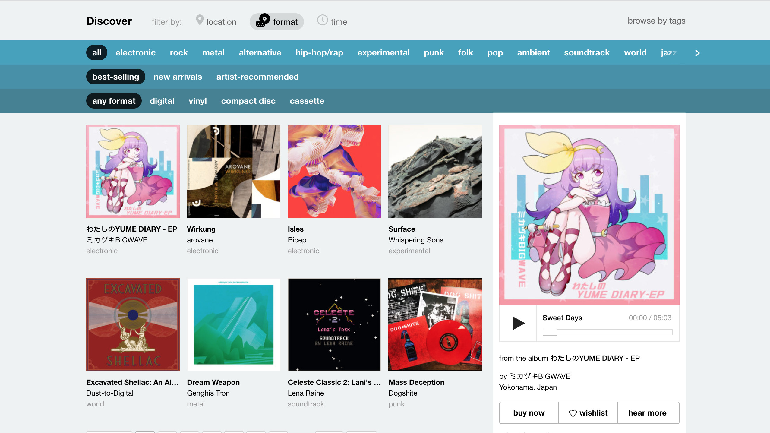 Screenshot of Bandcamp music discovery page.