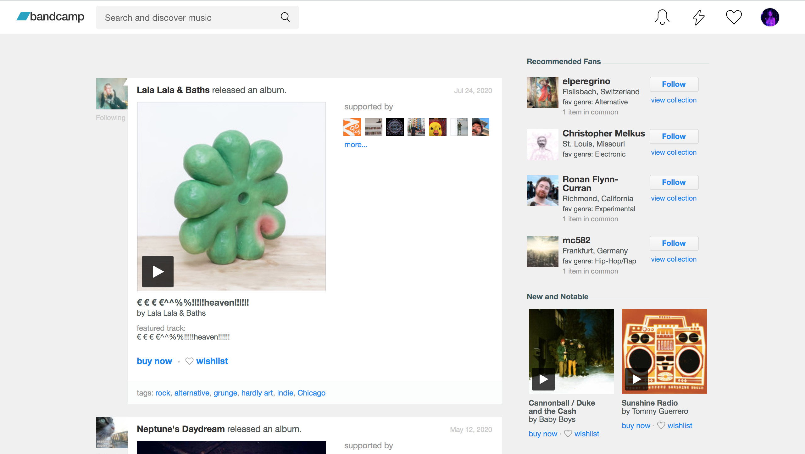 Screen Shot 2021-01-28 at 8.44.08 PM Screenshot of Bandcamp feed page.