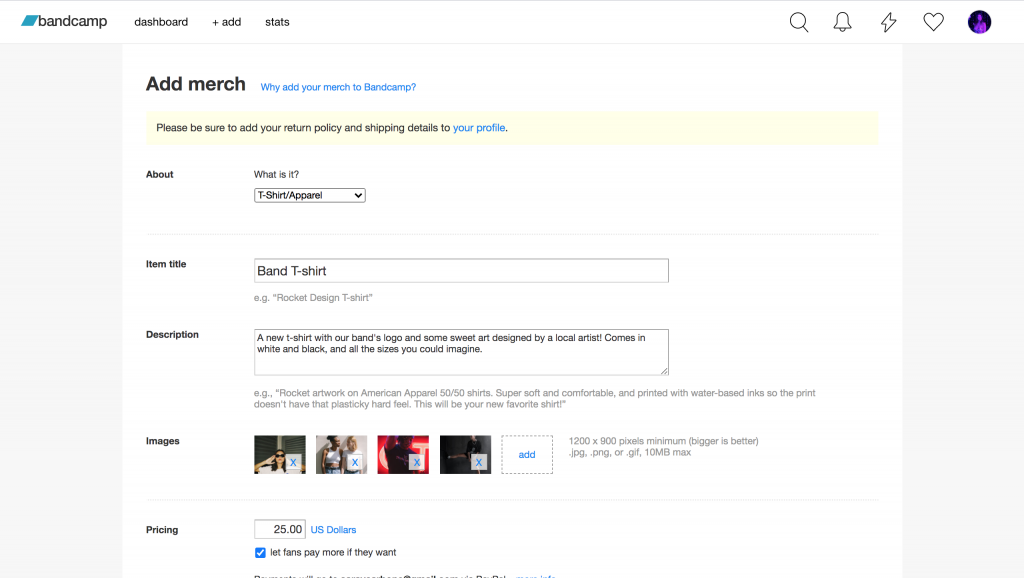 Screenshot of Bandcamp interface showing the "Add Merch" page.