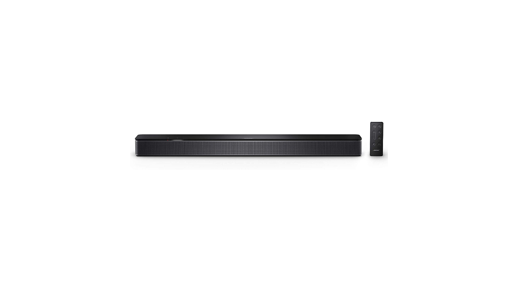 The Bose Smart Soundbar and remote in black against a white background.