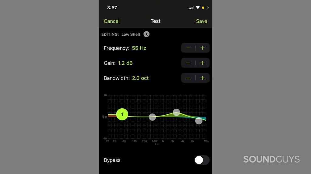 The ShurePlus PLAY mobile app's custom EQ module open for the Shure AONIC 50.