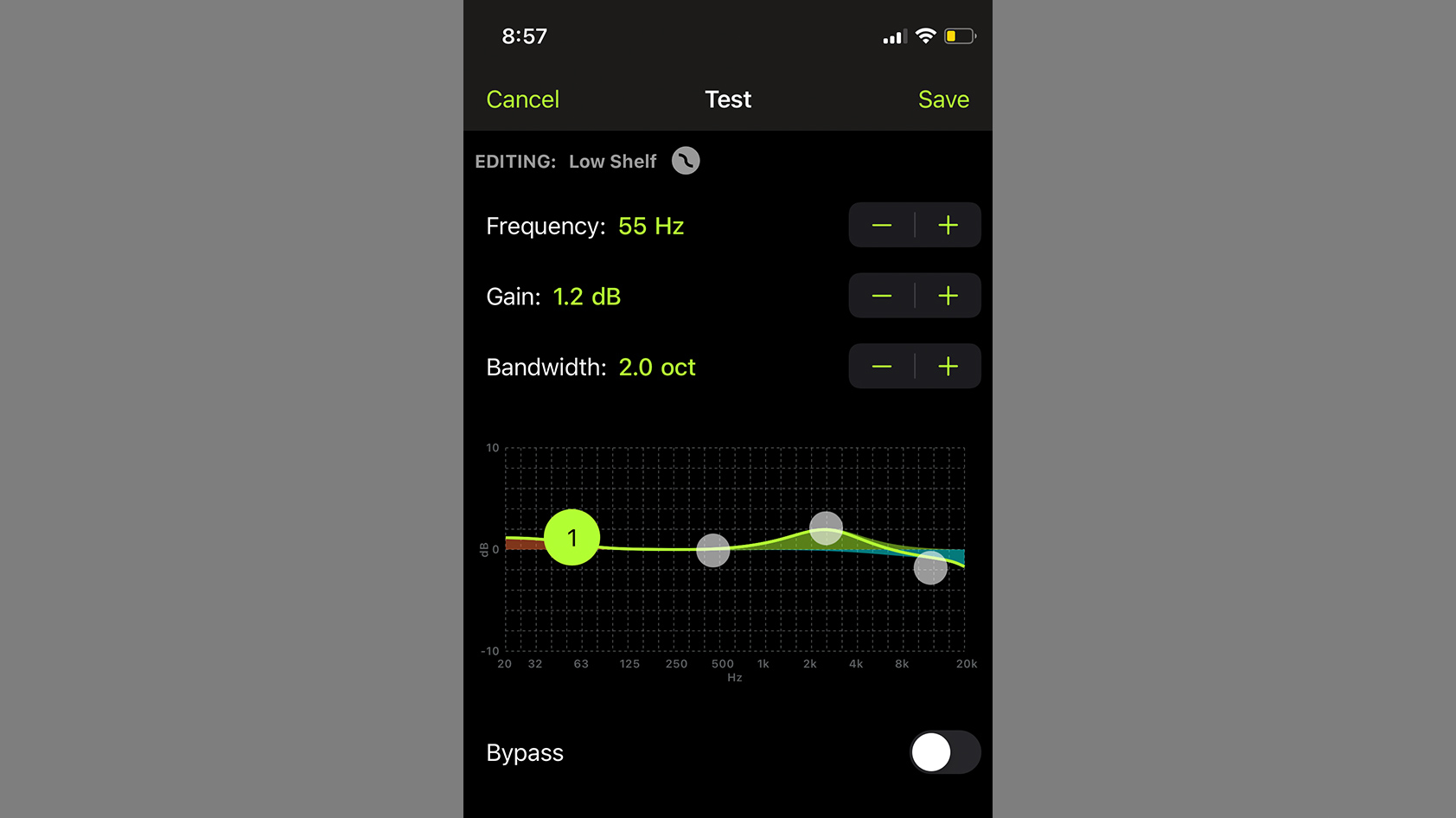 The ShurePlus PLAY mobile app's custom EQ module open for the Shure AONIC 50.