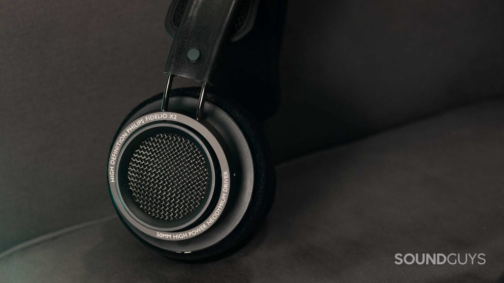 The Philips Fidelio X2 open-back headphones with the open speaker grille in full view.