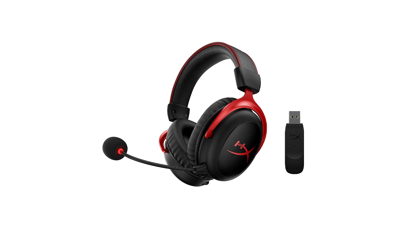 The HyperX Cloud II Wireless gaming headset and USB adapter in black/red against a white background.