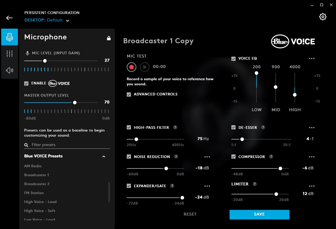 A screenshot of the Blue Vo!ce microphone settings for the Logitech G pro X in the Logitech G Hub app.