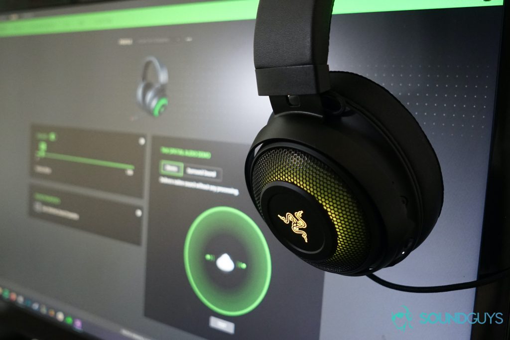The Razer Kraken Ultimate hangs on a computer monitor running the Razer Synapse app