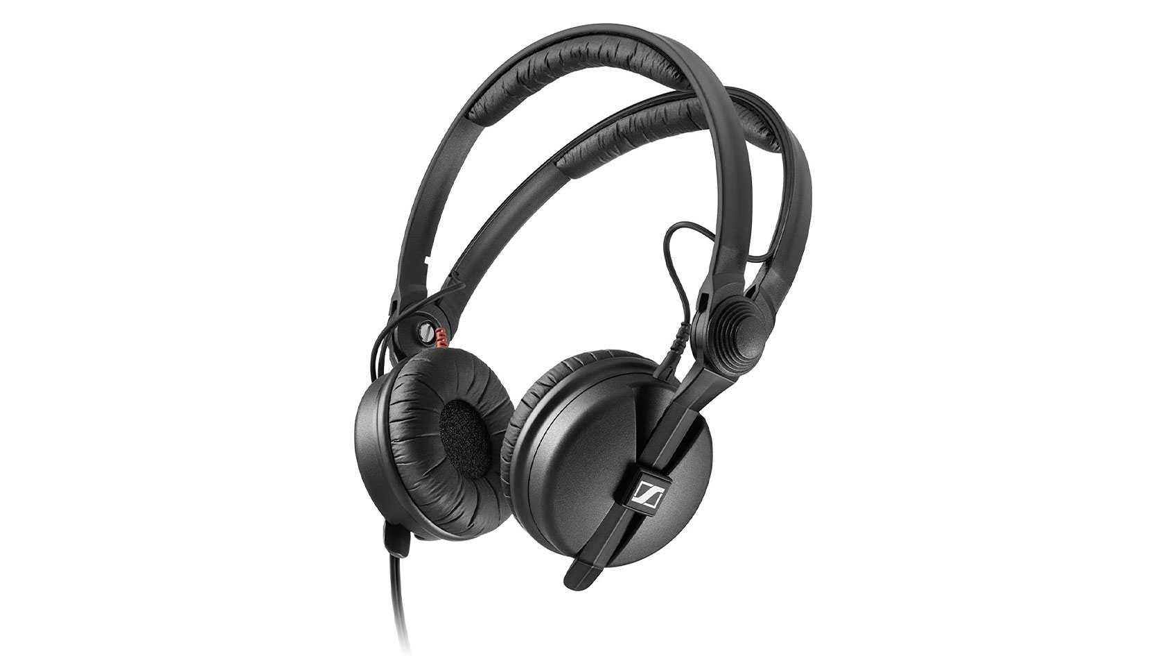 Sennheiser HD 25 product image The Sennheiser HD 25 on-ear headphones for DJs and studio mixers in black against a white background.