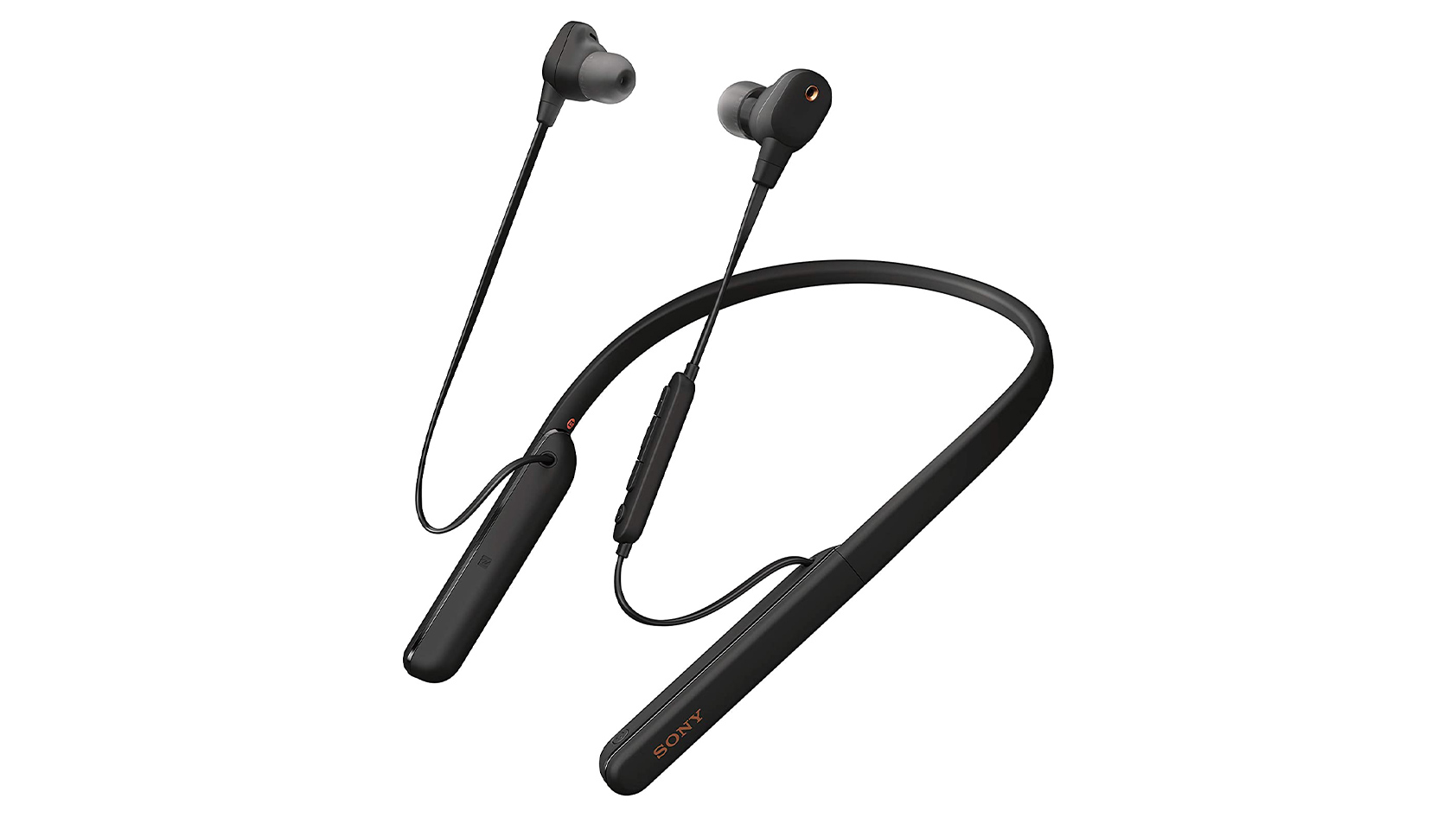 The Sony WI-1000XM2 noise canceling earbuds in black against a white background.