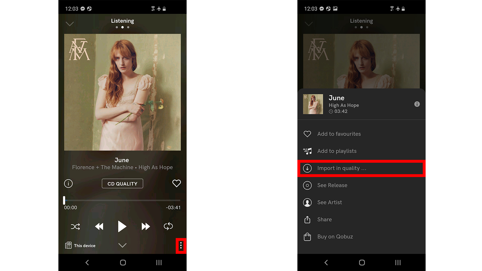 Two side-by-side screenshots of the Qobuz Android app displays how to download a single track.