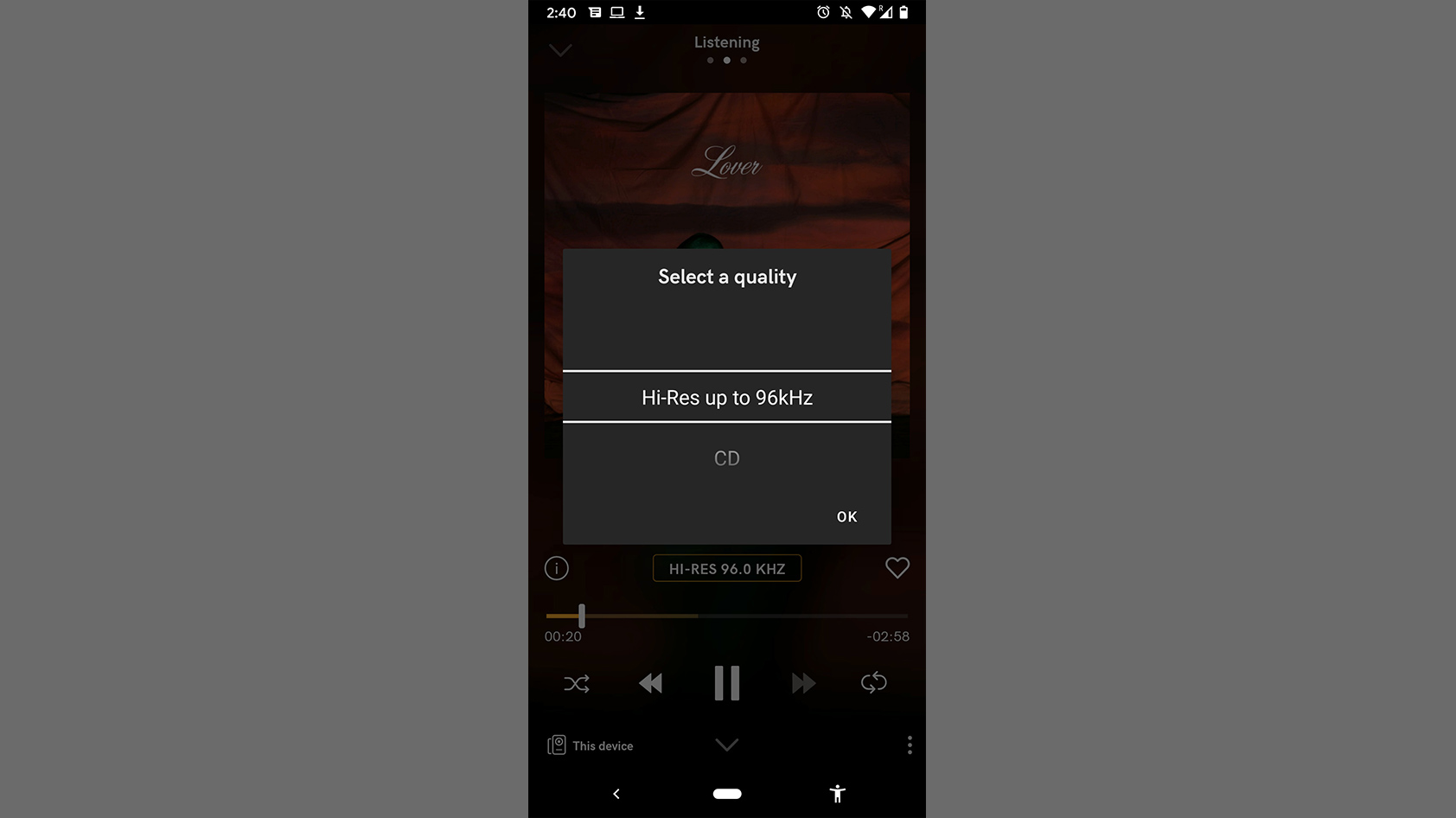 The Android OS Qobuz interface displays streaming qualities for a single track.