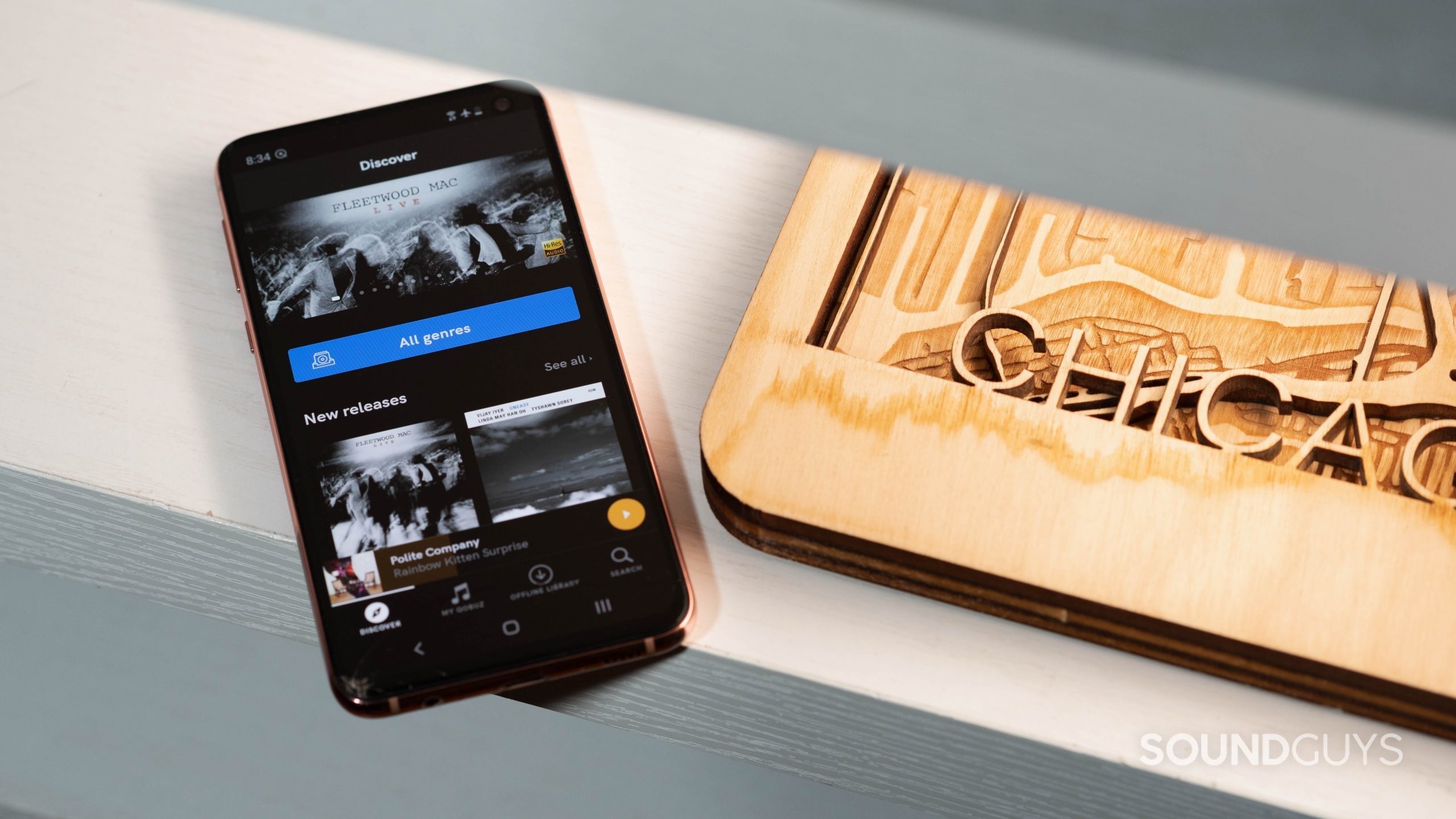 Qobuz music streaming Samsung Galaxy S10e app interface (1) The Qobuz music streaming service app's Discover page open on a Samsung Galaxy S10e smartphone.