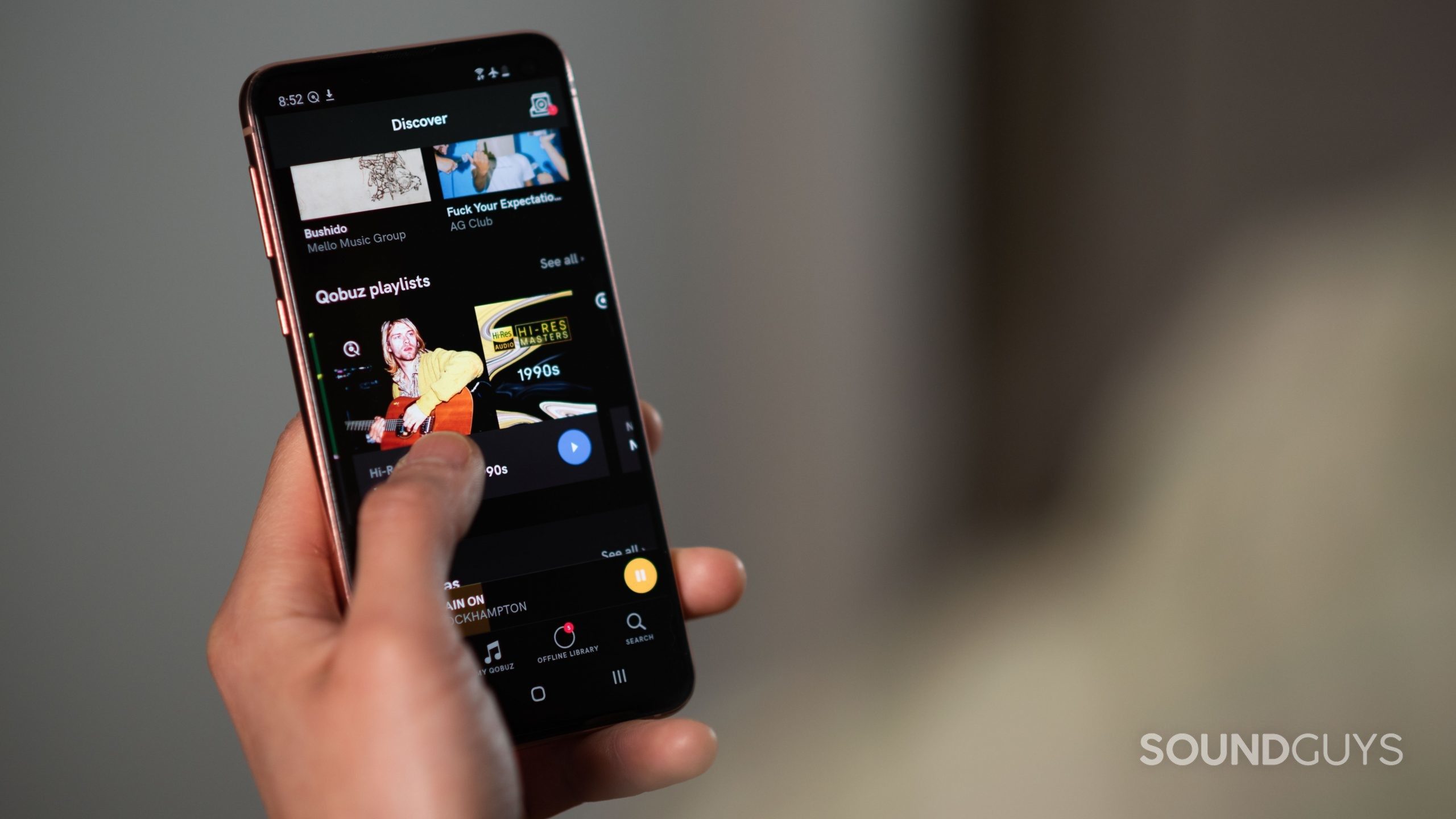 Qobuz music streaming Samsung Galaxy S10e app interface (2) The Qobuz music streaming service app's Discover page open on a Samsung Galaxy S10e smartphone.