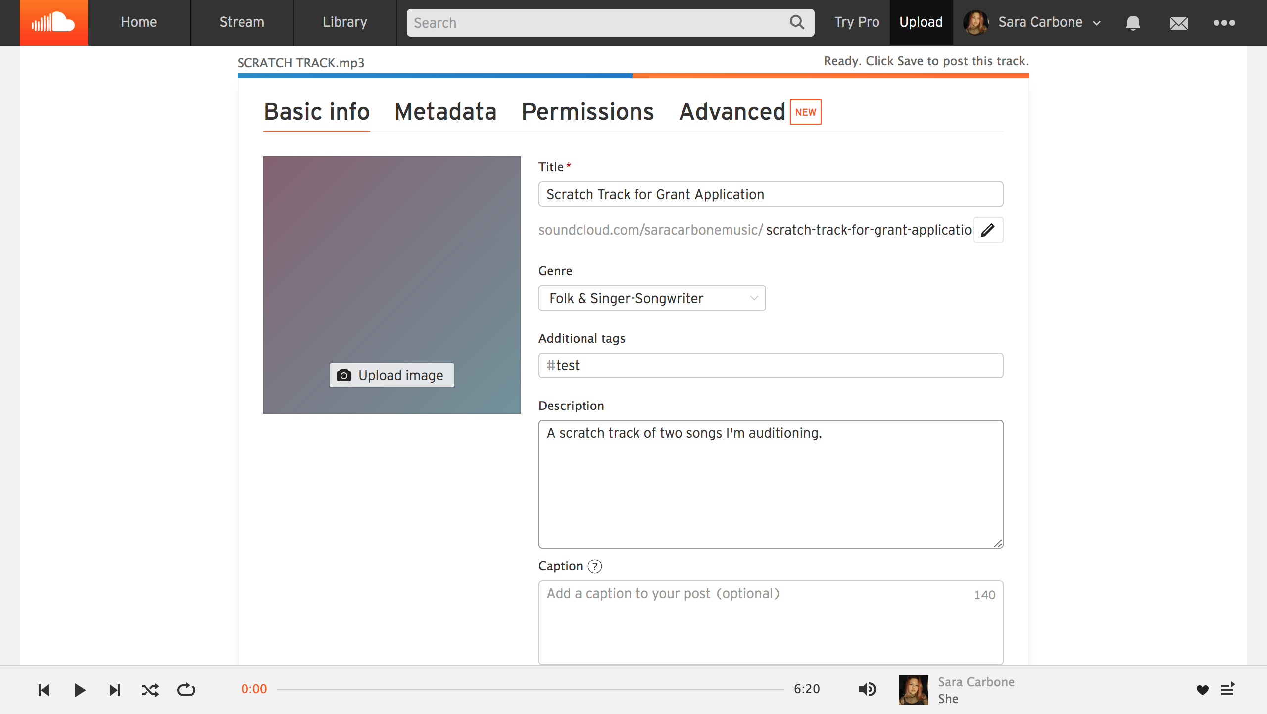 Screenshot of SoundCloud interface of uploading a track.