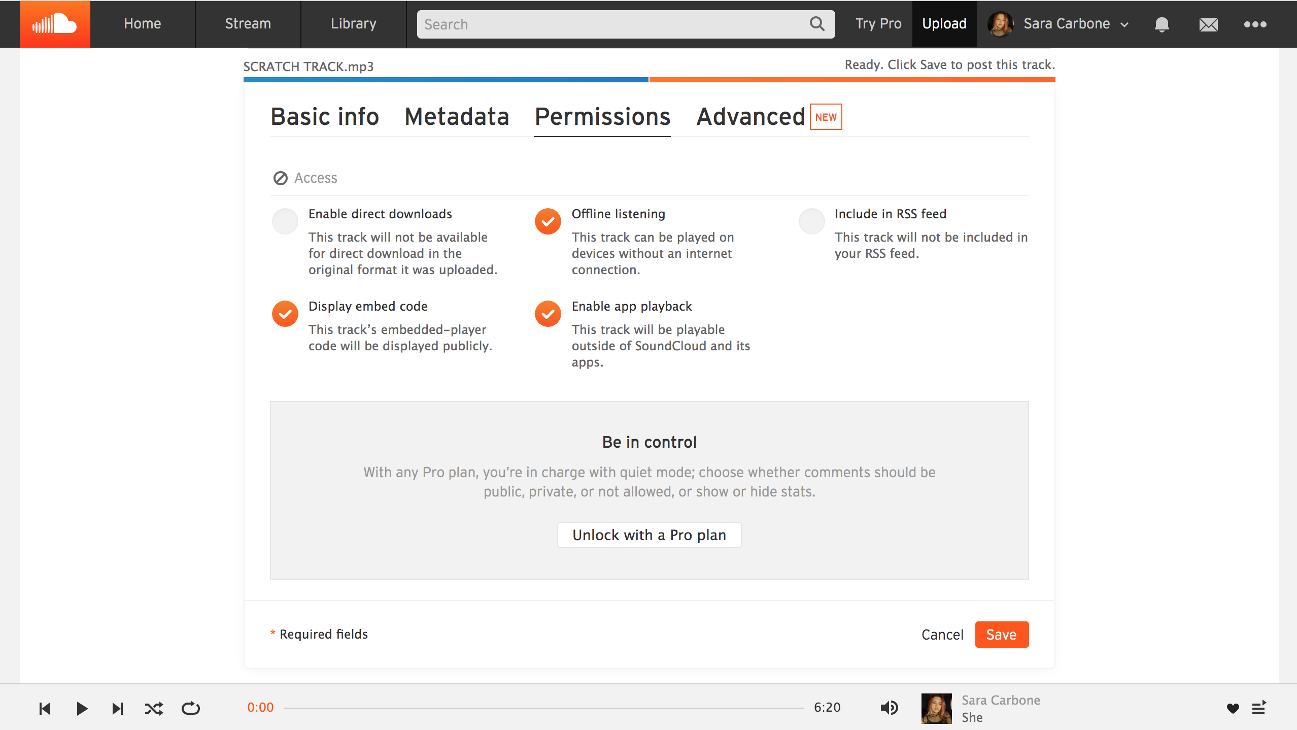 Screenshot of SoundCloud interface permissions tab of uploading a track.
