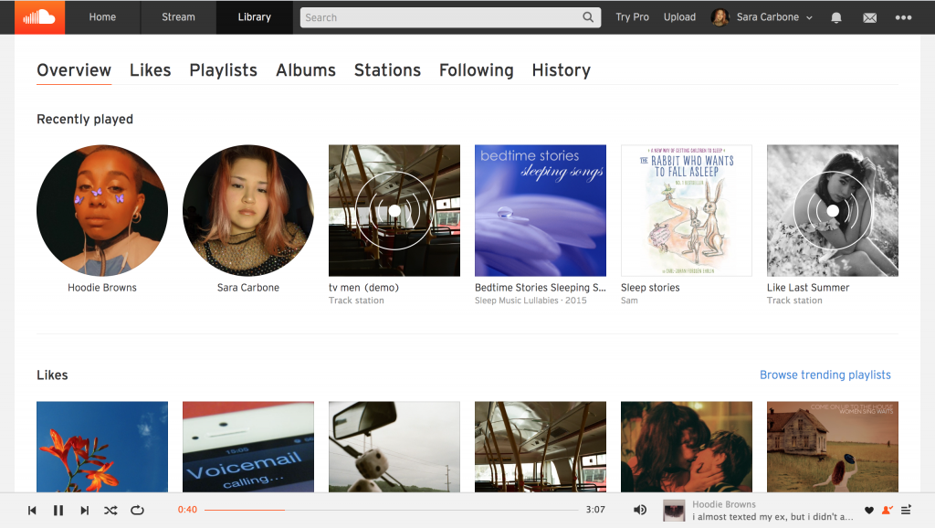 Screenshot of SoundCloud interface library tab.