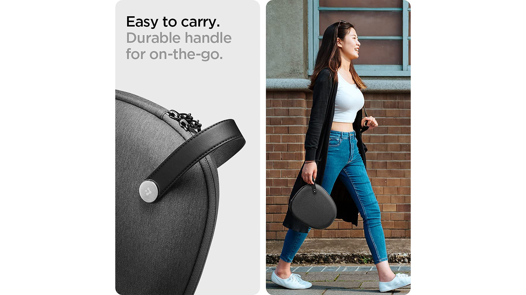 A feminine person carries the Spigen Klasden AirPods Max Carrying Case juxtaposed next to an image of the case's carry loop.